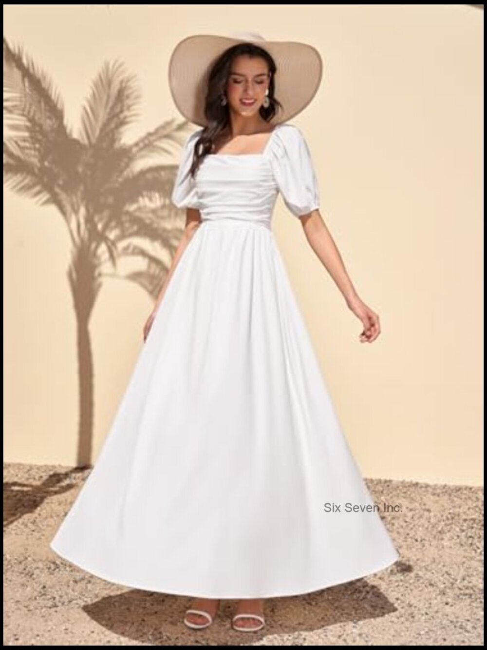 Puff Sleeve Maxi Dress A-Line Square Neck Summer Flowy Beach Sundress - Picture 3 of 6